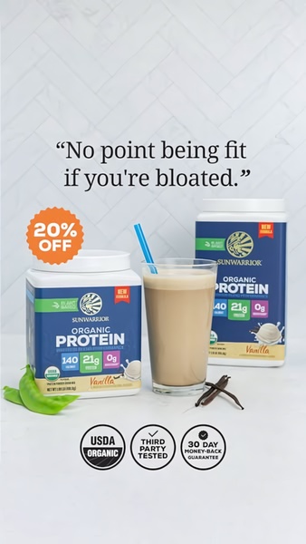 A 9:16 vertical social ad featuring two canisters of organic plant-based protein, focusing on the benefit of avoiding digestive discomfort.
